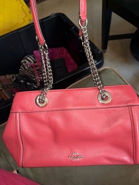 Coach Coral Pink Pebbled Leather Shoulder Bag with Chain Straps